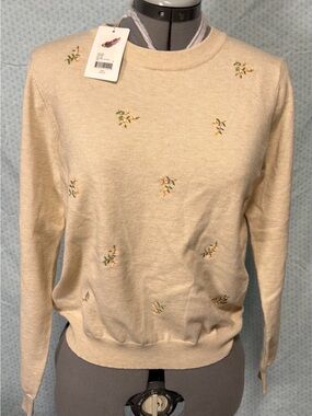 Chelsea & Violet Cream Crewneck Sweater with Embroidered Floral Accents